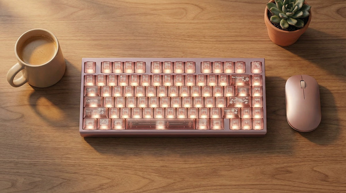 A minimalist desk setup featuring a sleek wireless mechanical keyboard with RGB lighting and no visible cables