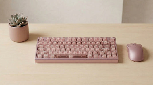 A sleek, modern small desk setup featuring a compact mechanical keyboard, a wireless mouse, and a potted plant with soft lighting.