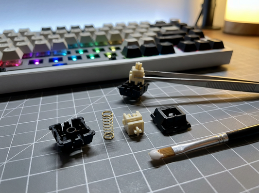 A DIY workspace featuring disassembled Black Cherry Pie mechanical switch parts (stem, spring, housing) and a lube brush in the foreground, with the NPKC RO75 PRO hot-swappable keyboard in the background waiting for installation.