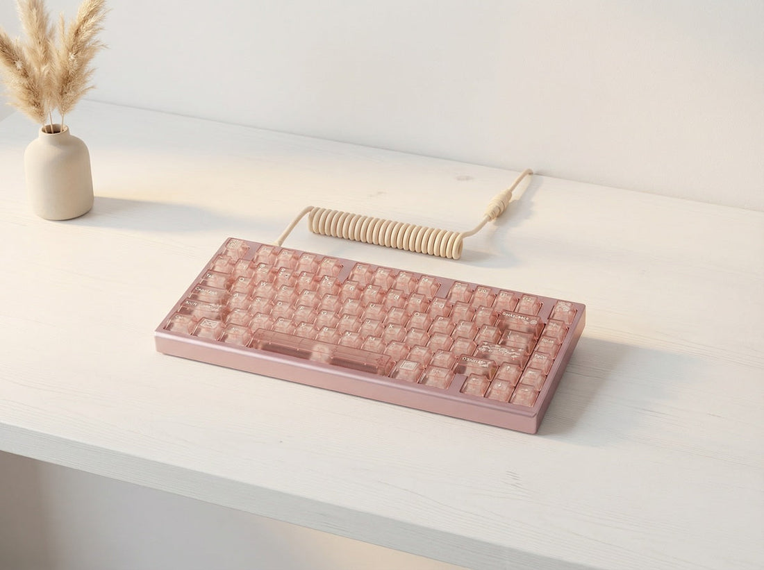 Minimalist desk setup with NPKC RO75 PRO mechanical keyboard and clean cable management