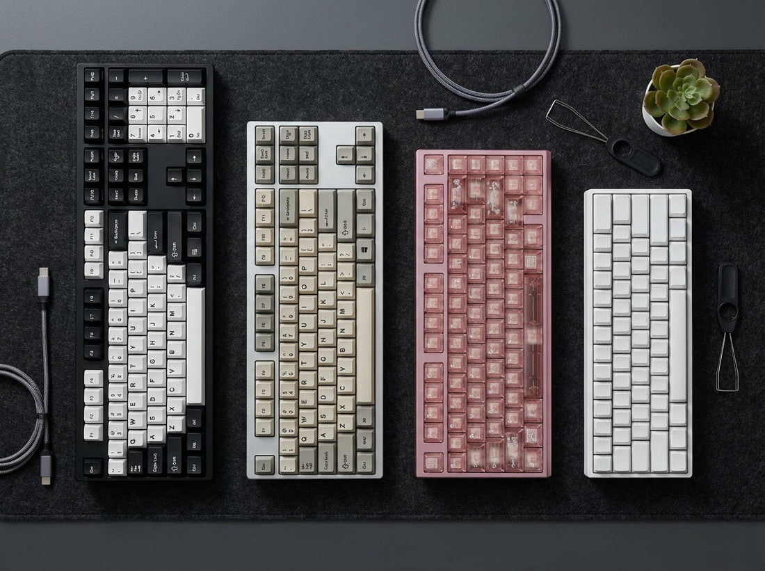 Top-down comparison of mechanical keyboard layouts including Full-size, TKL, 75 percent, and 60 percent form factors